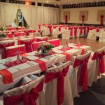15-The legion wedding - draping/linens, chair covers and red sashes